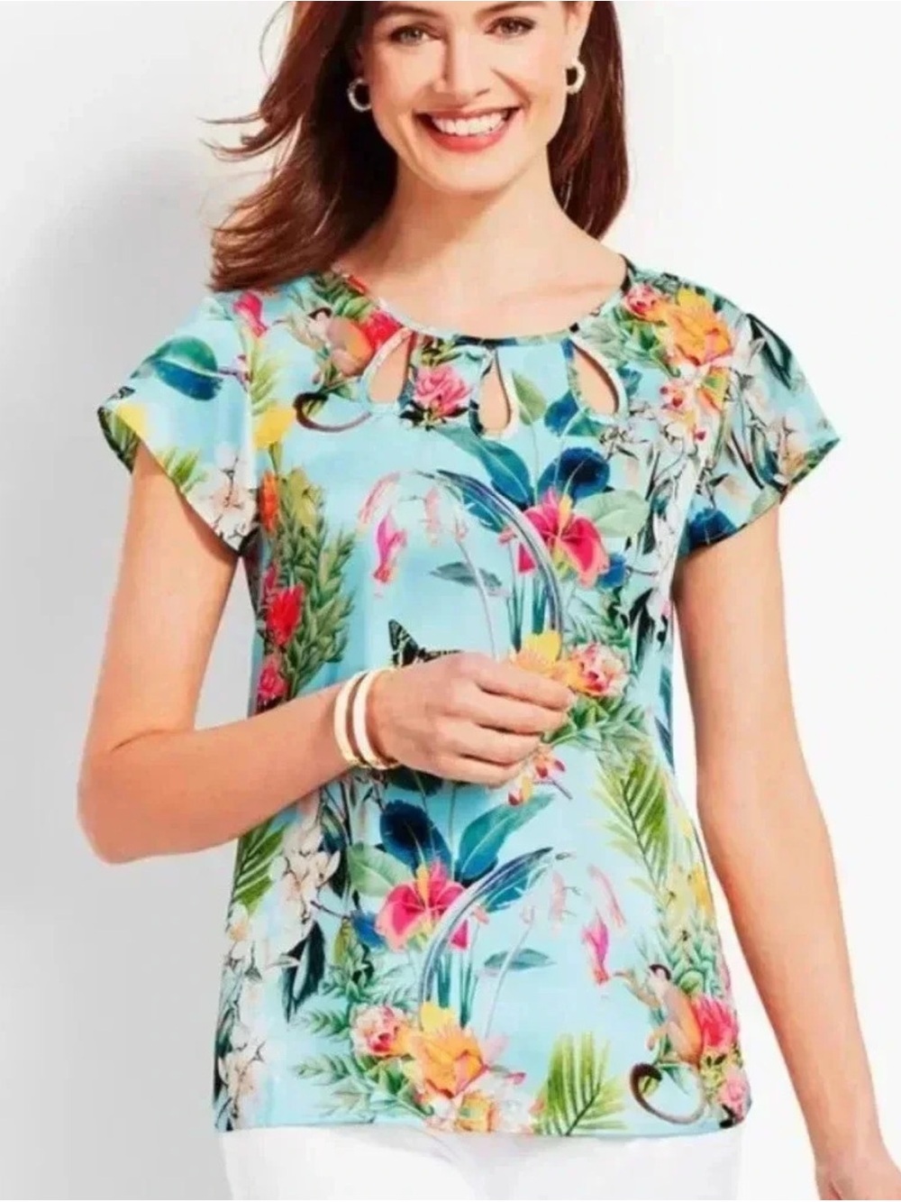 RSVP by Talbots Floral Keyhole Short-Sleeve Top in Aqua